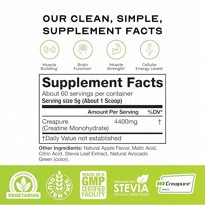 Muscle Feast Creapure Creatine Monohydrate Powder, Vegan Keto Friendly Gluten-Free Easy to Mix, Muscle Recovery Supplement, Creatine for Muscle Growth, Flavored Creatine, Natural Green Apple, 300g