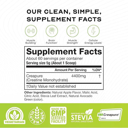 Muscle Feast Creapure Creatine Monohydrate Powder, Vegan Keto Friendly Gluten-Free Easy to Mix, Muscle Recovery Supplement, Creatine for Muscle Growth, Flavored Creatine, Natural Green Apple, 300g