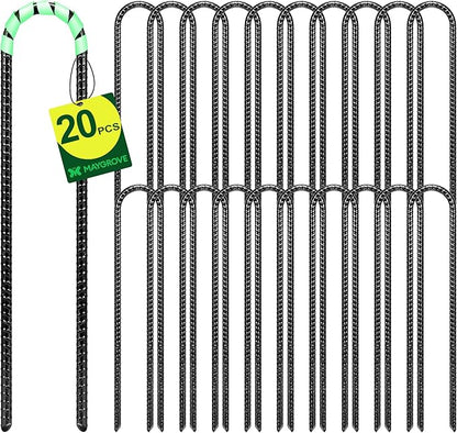 12 Inch Rebar Stakes Heavy Duty 20 Pack, U Shaped Ground Stakes, Galvanized Steel Trampoline Stakes, Tent Anchor Kit Anti-Rust, Drip Hose Wind Stakes, Black