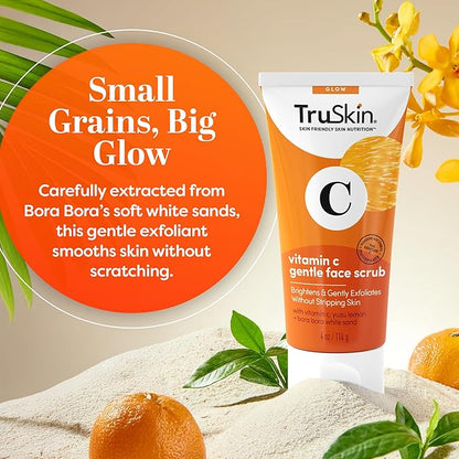 TruSkin Vitamin C Gentle Face Scrub - Brightening Daily Face Exfoliator for All Skin Types - Softens & Smooths Skin with Vitamin C, Yuzu Lemon, and Exfoliating Bora Bora White Sand - 4 Fl. Oz