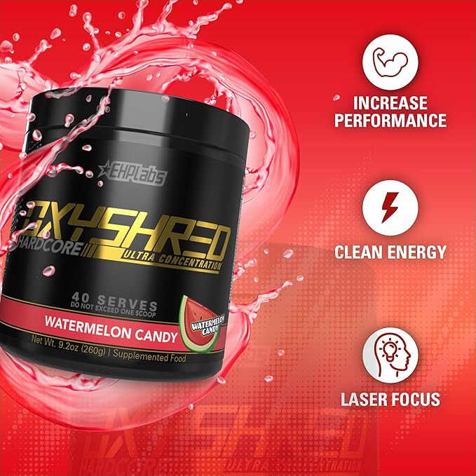 EHP Labs OxyShred Hardcore Super Dosed Pre Workout Powder - Preworkout Powder with L Glutamine & Acetyl L Carnitine, Energy Boost Drink - 275mg of Caffeine - Watermelon Candy, 40 Servings