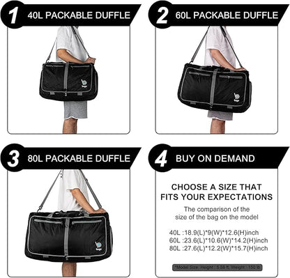Bago Foldable Duffel Bags for Traveling Women & Men - 60L Medium Packable Duffle Bag for Travel with Shoe Compartment - Water Repellant, Heavy Duty, Lightweight Folding & Collapsible (SnowGray)