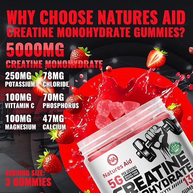 Creatine Monohydrate Gummies (5g) – Pre-Workout Energy & Muscle Growth Support for Men & Women | Strawberry Electrolyte Gummies (135 Count)