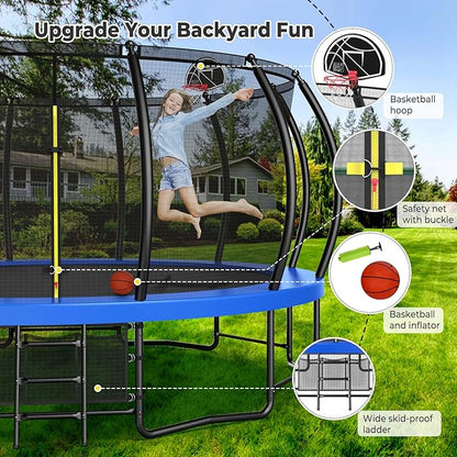 12 14 15 16FT Trampoline Outdoor with Basketball Hoop, Trampoline with Lights for Kids and Adults, Recreational Trampolin with Sprinkler, Stakes
