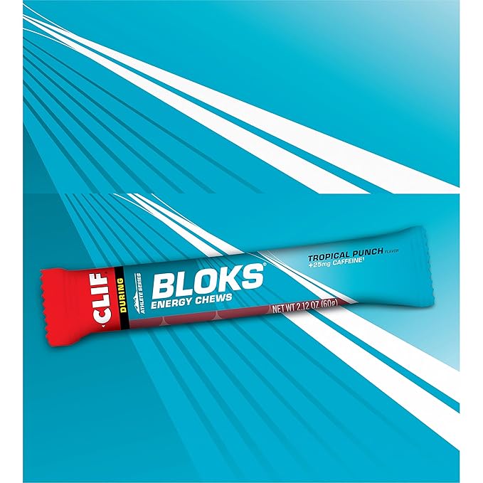 CLIF BLOKS - Tropical Punch Flavor with Caffeine - Energy Chews - Non-GMO - Plant Based - Fast Fuel for Cycling and Running - Quick Carbohydrates and Electrolytes - 2.12 oz. (18 Count)