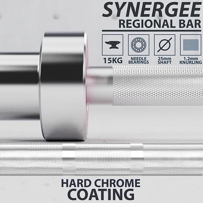 Synergee Regional Olympic 20kg Men’s and 15kg Women’s Hard Chrome & Black Phosphate Barbells. Rated 1500lbs for Weightlifting and Powerlifting.