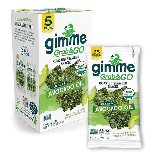 Gimme Seaweed Grab & Go Organic Premium Roasted Seaweed Snacks, Sea Salt & Avocado Oil, 5 Count