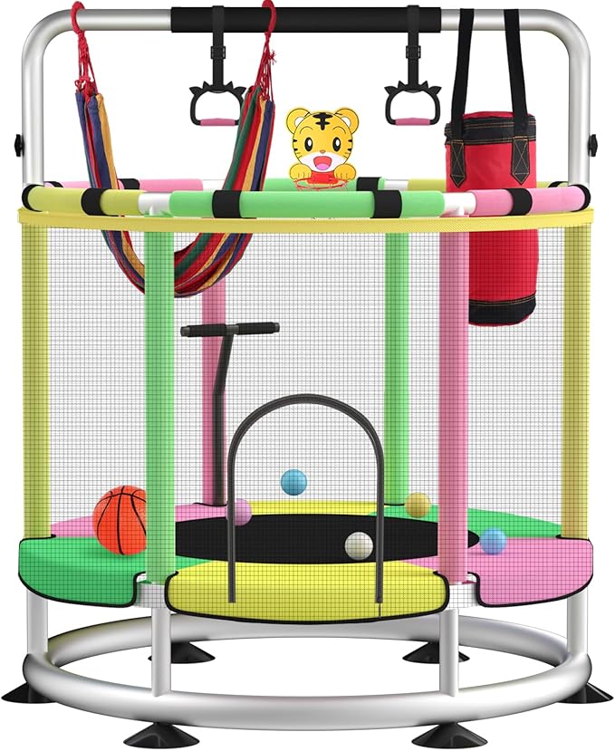 Trampoline for Kids, Adjustable Baby Toddler Trampoline with Basketball Hoop, Round Bottom Indoor Outdoor Toddler with Enclosure