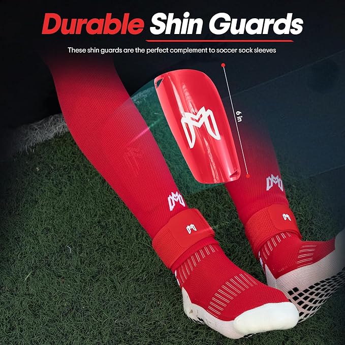 Soccer Grip Socks, Shin Guards, Pre Cut Sock Sleeves, and Guard Straps Bundle Pack - Essential Equipment for Soccer Players - for Mens, Women, Youth, Size 7 to 12 US Men Shoe Size