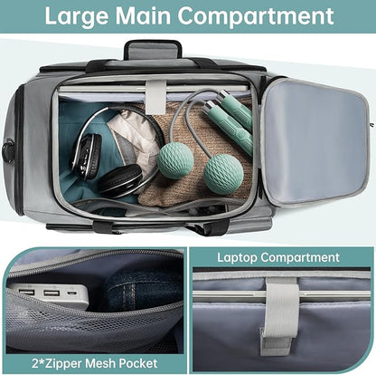 Gym Bag for Women & Men, Sports Travel Duffle Bag with Shoe Compartment, Anti-Theft Carry On Weekender Bag, Water Resistant Overnight Backpack for Airplane, Gym, Travel (Grey)