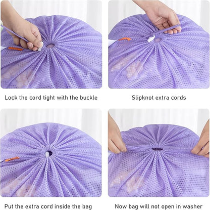 Polecasa Heavy Duty Diamond Large Mesh Laundry Bag with ID Tag and Locking Drawstring Closure - 24 x 36 inches - Laundry Hamper Liner, Washable Laundry Bags for Travel, Sports, Dorms (Purple)