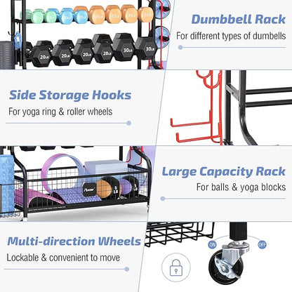 PLKOW Dumbbell Rack, Weight Rack for Dumbbells, Home Gym Storage for Dumbbells Kettlebells Yoga Mat and Balls, All in One Workout Storage with Wheels and Hooks, Powder Coated Finish Steel