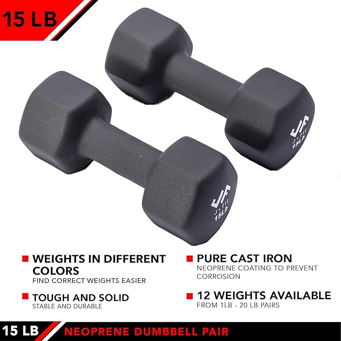 JFIT Dumbbell Pairs or Sets – Neoprene & Vinyl Coated Hand Weights for Home Gym, Strength Training, Aerobics, Cardio Exercise and Fitness