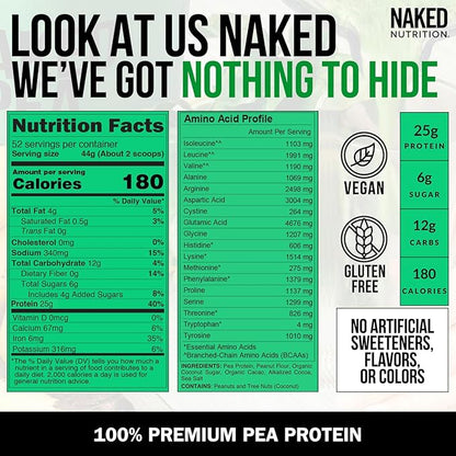 NAKED Pea - Chocolate Peanut Butter Protein from US & Canadian Farms, Organic Cocoa, Organic Coconut Sugar - No GMO, No Soy, and Gluten Free, Aid Growth and Recovery - 52 Servings