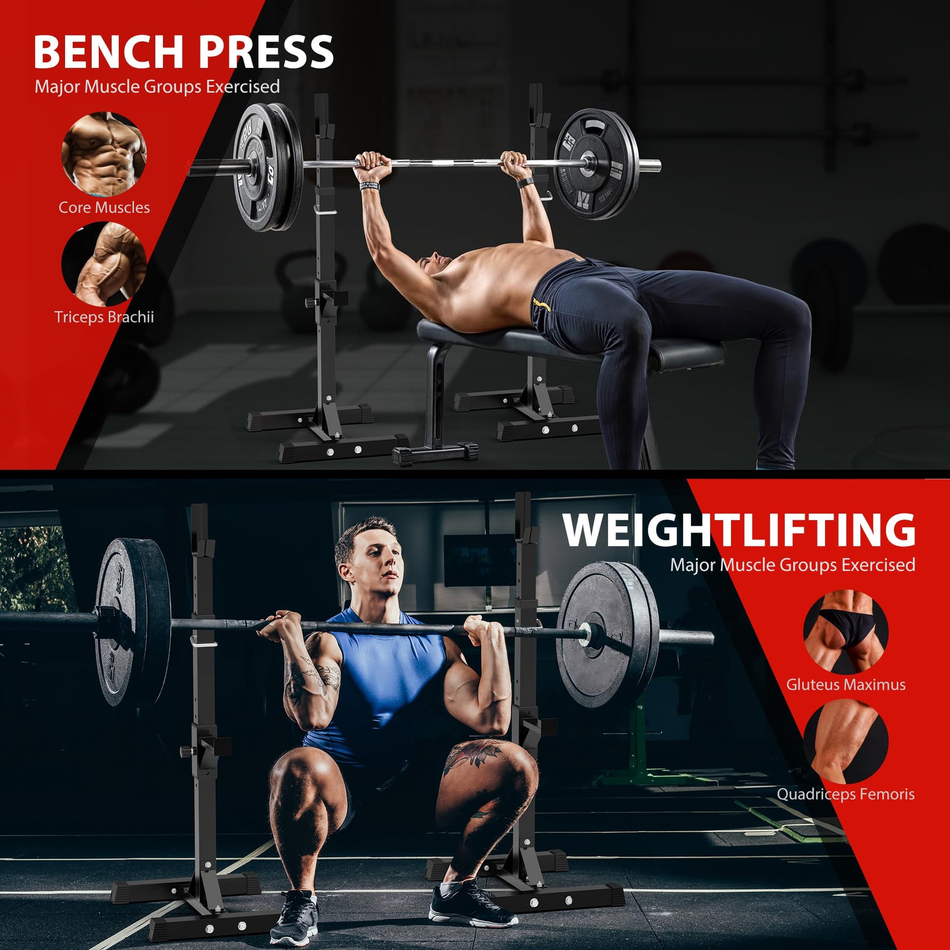 F2C Max Load 550Lbs Pair of Adjustable Squat Rack 41"-66" Sturdy Steel Barbell Rack Free Bench