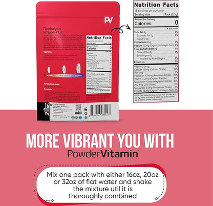 PowerVitamin Electrolytes Powder Packets - Raspberry - Keto Electrolytes for Energy - Hydration Powder with 1000mg Potassium, 120mg Magnesium, Zero Calories - 16 Hydration Packets