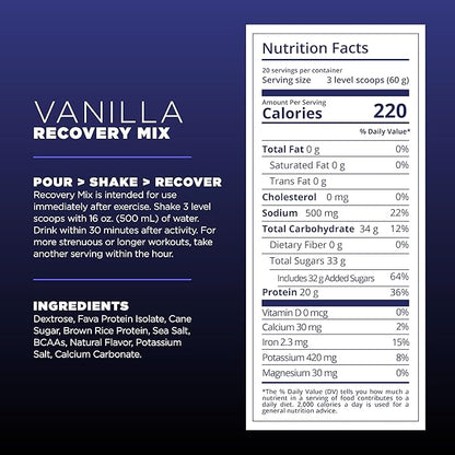 Tailwind Nutrition Recovery Mix, 20 Grams Complete Protein, Carbohydrates, and Electrolytes Powder Drink Mix for Post-Workout, Free of Gluten, Soy, and Dairy, Vegan, 20 Servings, Vanilla