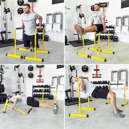 Synergee Dip Bar. Adjustable Dip Station from 30????39??for Dips, Inverted Pull Ups. Max capacity 400 lbs. Portable Dip Stand for Total Body Workout. Available in Yellow and Black.