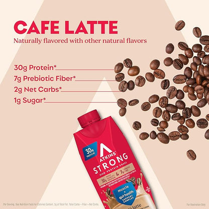 Atkins Strong High Protein Shake, Café Latte, 30g Protein, 7g Prebiotic Fiber, Muscle & Gut Health Support Complex, 12 Count