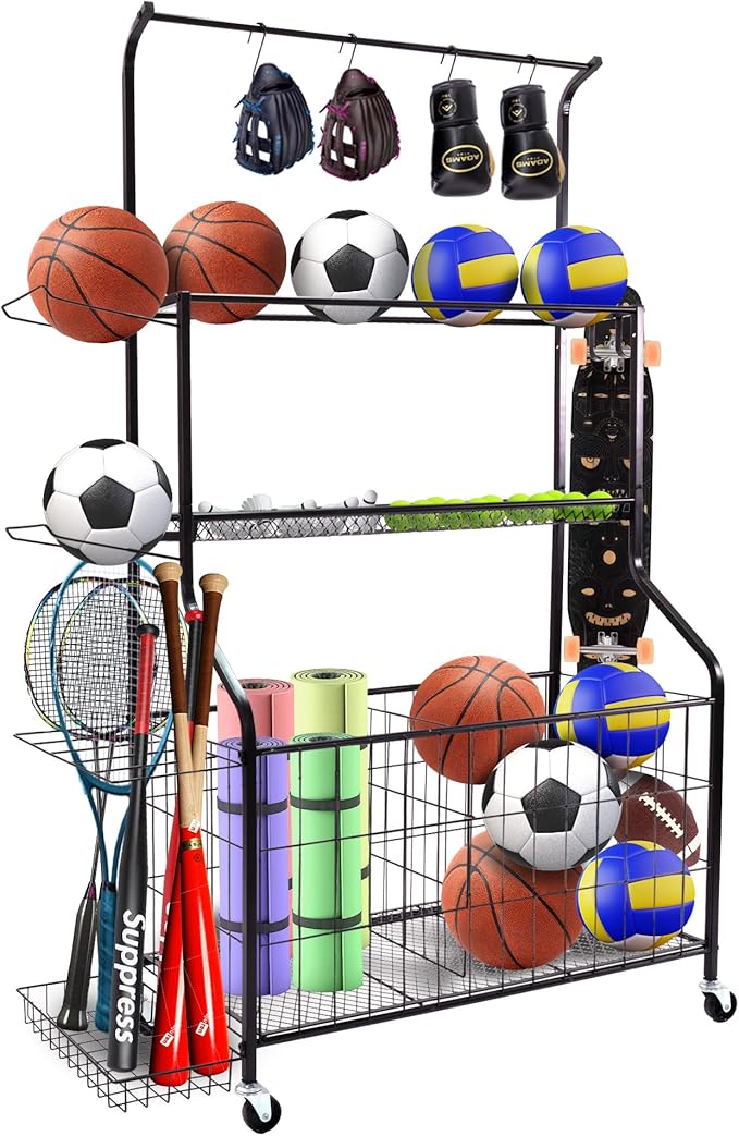Sport euipment Storage, Garage Sports Equipment Organizer, Ball Storage Rack for Sport Gear, Rolling Sports Ball Storage Cart with Wheels, Indoor/Outdoor