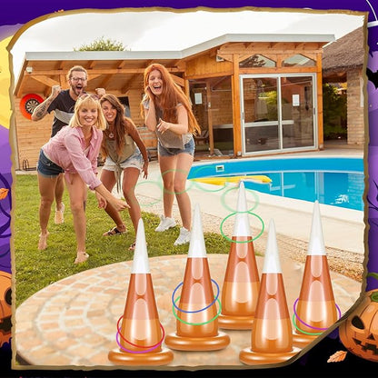 16 Pcs Halloween Inflatable Ring Toss Games Kit Candy Corn Ring Toss Game with Air Pump for Halloween Party Supplies Decor Indoor Outdoor Garden School