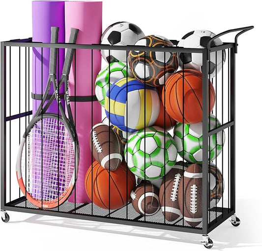 Ball Storage Bin Rolling Sports Ball Cart, Metal Garage Organizer Sport Rack, Ball Basket Storage