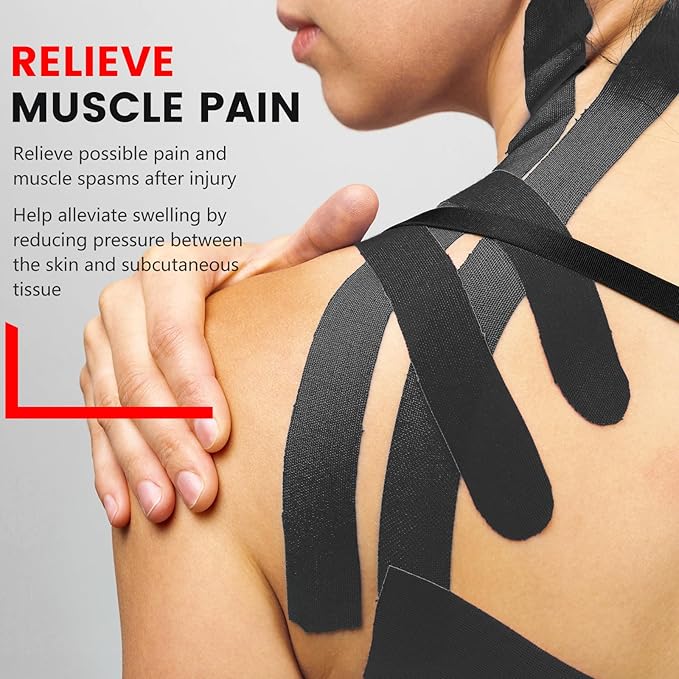 60PCS Precut Kinesiology Tape Strips, 2 inch x 10 inch Athletic Tape, Kinetic Tape, Elastic Muscle Tape, Sports Tape, Knee Tape for Exercise and Daily Use - Black