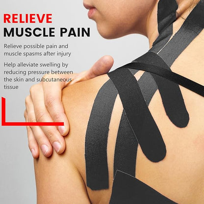 60PCS Precut Kinesiology Tape Strips, 2 inch x 10 inch Athletic Tape, Kinetic Tape, Elastic Muscle Tape, Sports Tape, Knee Tape for Exercise and Daily Use - Black