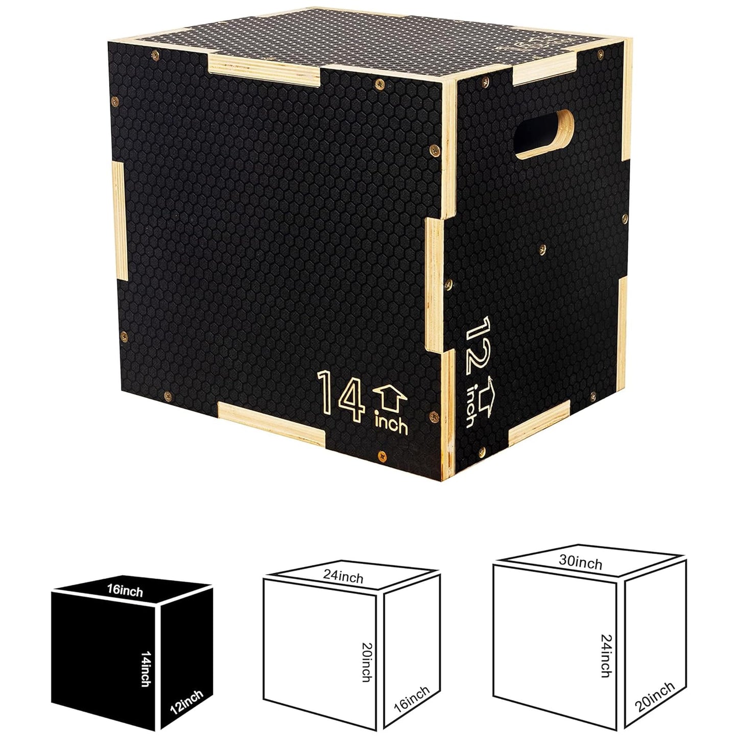 Fitvids 16 x 14 x 12 Non-Slip Wooden Plyo Box Jump Exercise Platform, Black