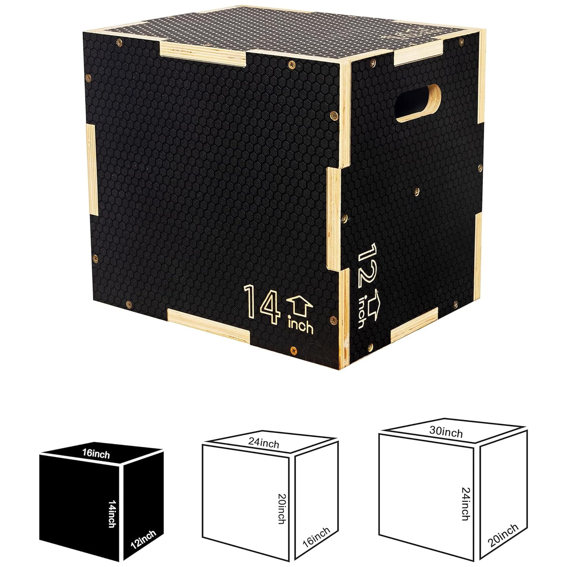 Fitvids 16 x 14 x 12 Non-Slip Wooden Plyo Box Jump Exercise Platform, Black