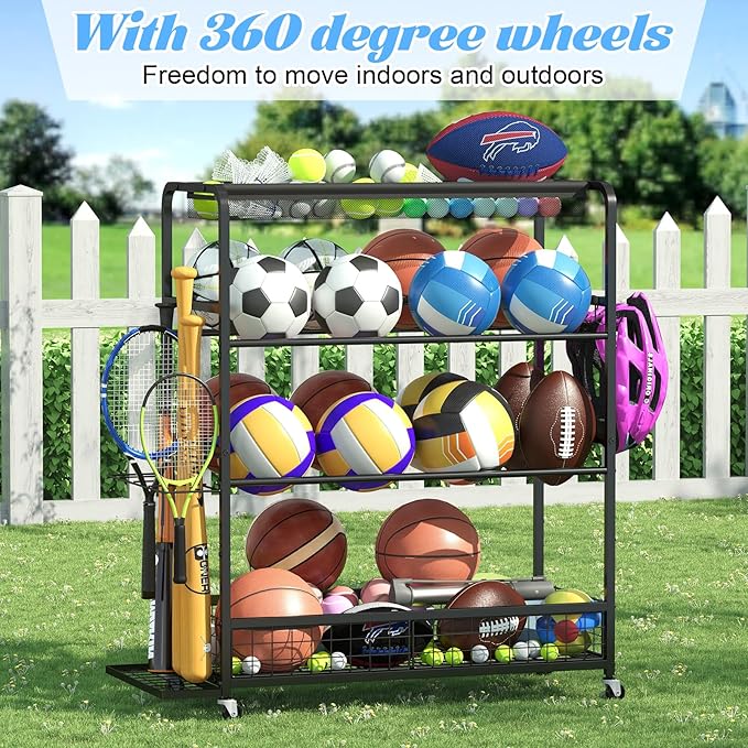 Garage Sports Equipment Storage Rack,Wheeled Sports Ball Storage Box,Double-Tier Double-Row Basketball Hoop Holds 16+ Balls,Ball Rack with Baseball Bat Holder and Hooks-Black