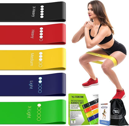 TechStone Resistance Bands Set for Men and Women, Pack of 5 Different Levels Elastic Band for Home Gym Long Exercise Workout – Great Fitness Equipment for Training, Yoga – Free Carrying Bag