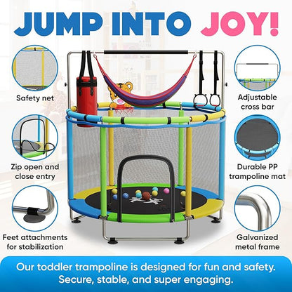 Toddler Trampoline for Kids Ages 3-8 - 5 ft Toddler Trampoline with Net, Basketball Hoop, Ocean Balls, Boxing Bag, Hammock - Indoor and Outdoor for Kids, Backyard