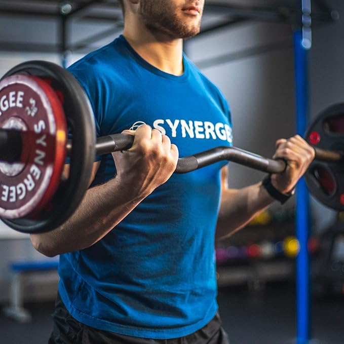 Synergee Commercial EZ Curl Olympic Bar Chrome & Black Phosphate with Powder Coated Brass Bushings Excellent for Bicep Curls and Triceps Extensions