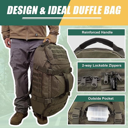 65L Large Travel Gym Duffle Bag with Tensile Strength Pom Buckle Military Tactical Backpack, Army Pack for Outdoor Sport with Molle System, Olive Green