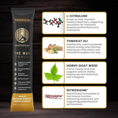 Male Enhancing Supplement Powder ??Testosterone Supplement for Men with Tongkat Ali, Maca Root, Horny Goat Weed Powder, Beet Root & L-Citrulline ??Nitric Oxide Enhancer (12 Stick Packs) - Tropical
