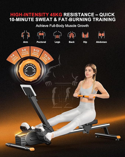 Magnetic Rowing Machines for Home, Rower Machine with 16 Levels Powerful Silent Magnetic Resistance, 350lbs Weight Capacity, LCD Monitor, Silent Rail System, Compact Row Machine for Home Gym Exercise