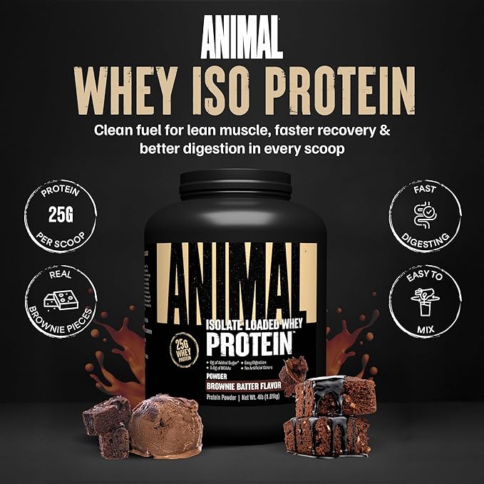 Animal Whey Isolate Protein Powder - Loaded for Pre & Post Workout Muscle Builder and Recovery with Digestive Enzymes for Men & Women - 25g Protein, Great Taste, Low Sugar - Brownie Batter 4 lbs