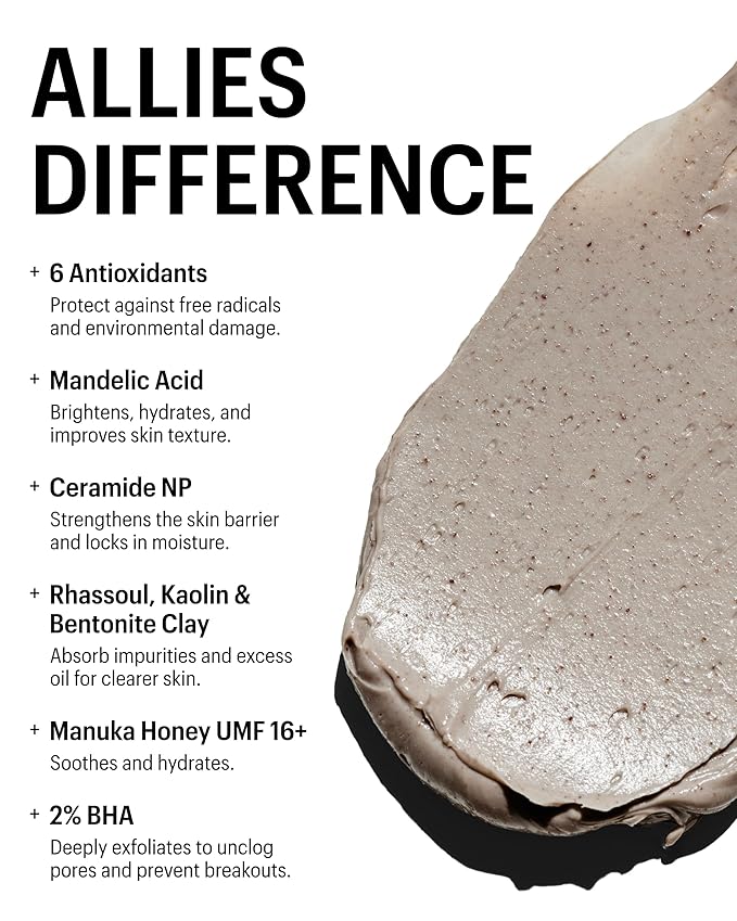 Allies of Skin 2% BHA & Rhassoul Clay Face Mask | Weekly Treatment to Reduce Pores and Blemishes | Control Breakouts, Acne and Blackheads | Hydrate and Retain Moisture (1.7 oz)