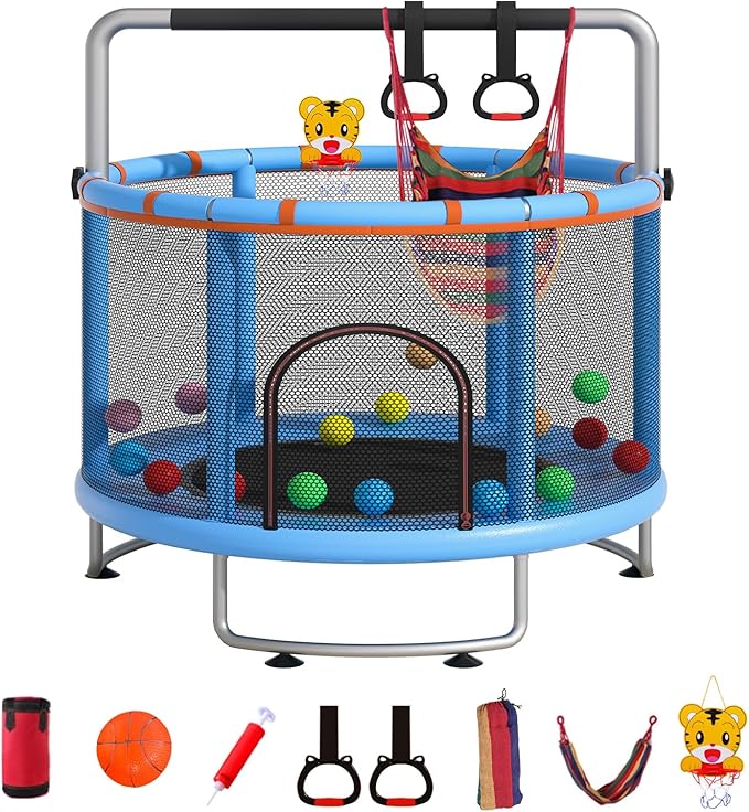 55" Small Trampoline for Kids, Telawah Indoor Outdoor with with Enclosure Net, Safety Enclosure, Round Jumping Mat with Basketball Hoops, Birthday Gifts for Children