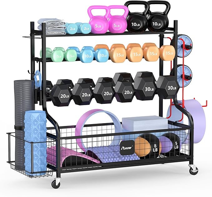 PLKOW Dumbbell Rack, Weight Rack for Dumbbells, Home Gym Storage for Dumbbells Kettlebells Yoga Mat and Balls, All in One Workout Storage with Wheels and Hooks, Powder Coated Finish Steel