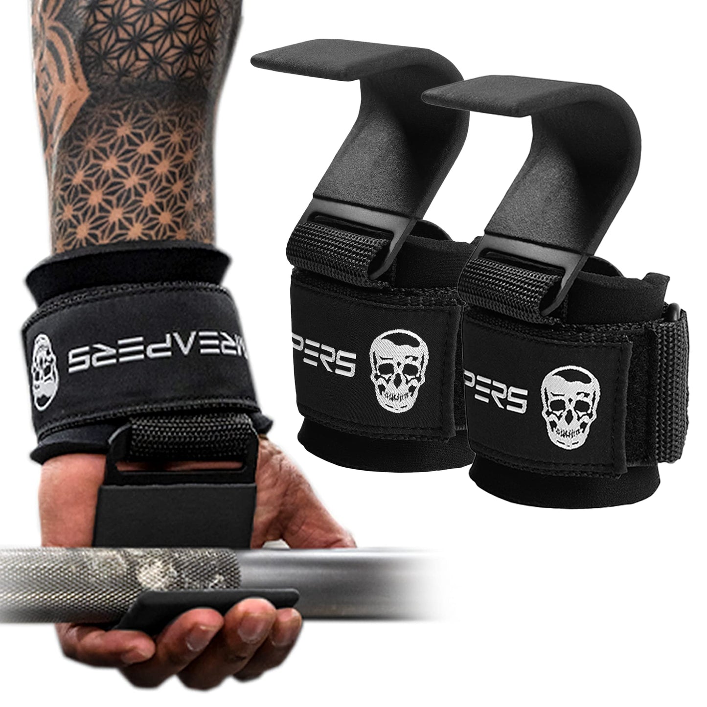 Gymreapers Weight Lifting Hooks (Pair), Heavy Duty Power Wrist Straps Hand Grip Support For