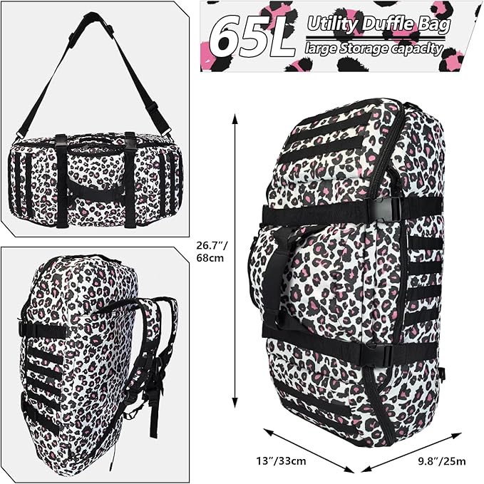 65L Large Duffle Bag, 3-in-1 Tactical Backpack MOLLE Pack for Sports, Gym, Outdoor, Leopard