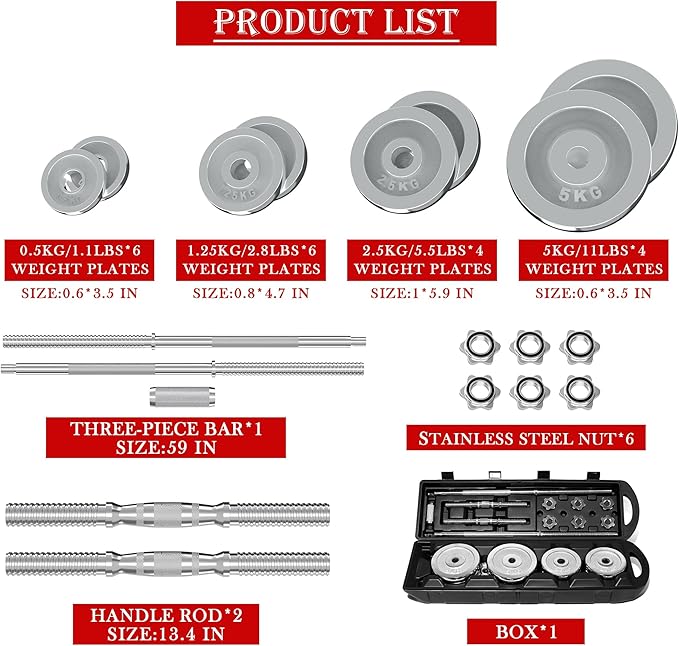 VIVITORY Fitness Dumbbells Set, Adjustable Weight Sets up to 11/22/44/66/110 lbs, with Metal Connecting Rod Used As Barbell, Chromed Weights, Hardcover Gift Box, Home Gym Work Out Training Equipment