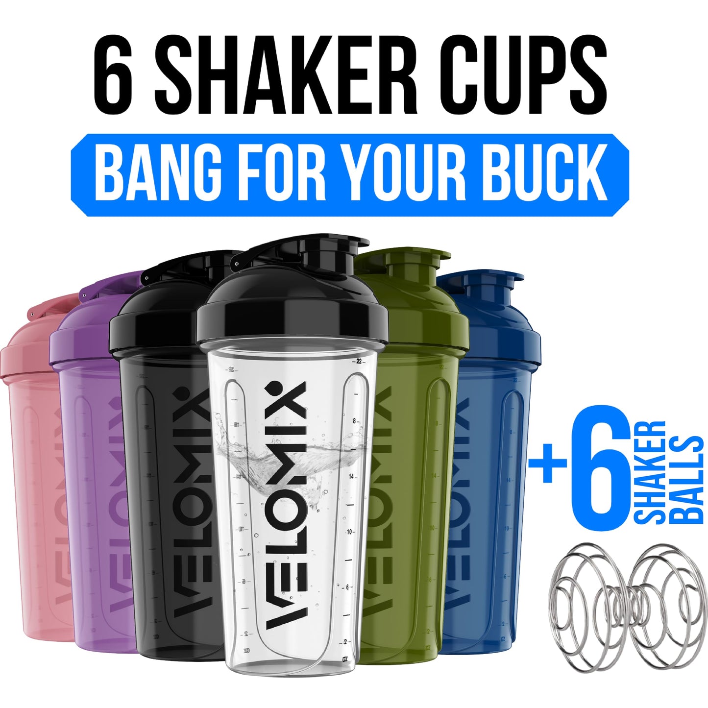 VELOMIX 6 Pack 28oz Shaker Cups for Protein Shakes, Blacks to Transparent