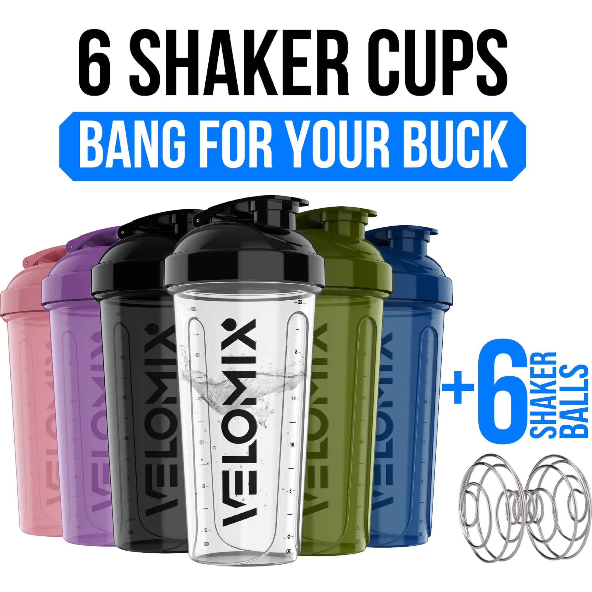 VELOMIX 6 Pack 28oz Shaker Cups for Protein Shakes, Blacks to Transparent