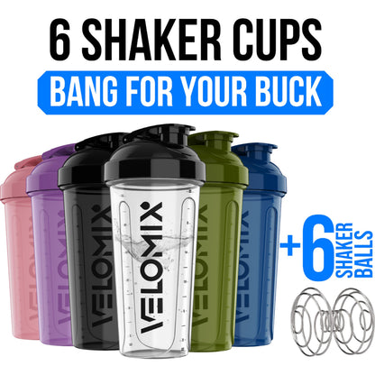 VELOMIX 6 Pack 28oz Shaker Cups for Protein Shakes, Blacks to Transparent