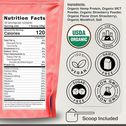 Organic Hemp Protein Powder, Plant Based and Vegan Protein Shake, Lactose and Dairy Free, Gluten Free, Clean and Natural- Strawberry (20 Servings)