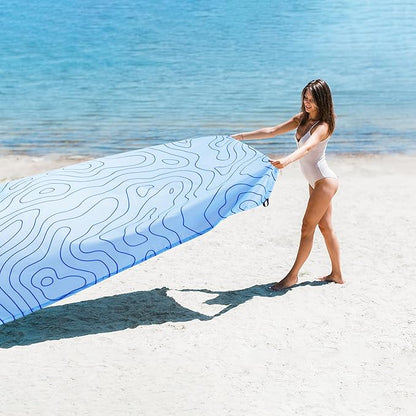 110''×118'' Beach Blanket for 2-8 Adults, Polyester Waterproof Sandproof Beach Mat with 4 Stakes & Storage Bag, Oversized Compact Foldable Blue Outdoor Pocket Blanket for Picnic, Travel, Camping