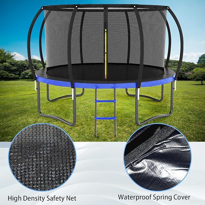 Trampoline 12FT 14FT 15FT 16FT for Kids/Adults - Outdoor Recreational with Enclosure Net Curved Poles and Ladder, Heavy Duty Anti-Rust Coating, ASTM Approval